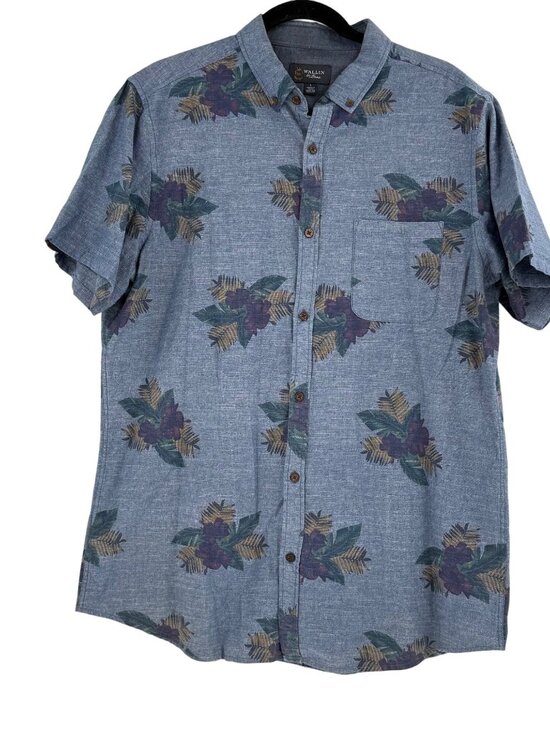 Wallin & Bros Mens L Blue Floral Button-Up Short Sleeve 100% Cotton Shirt - Picture 1 of 9